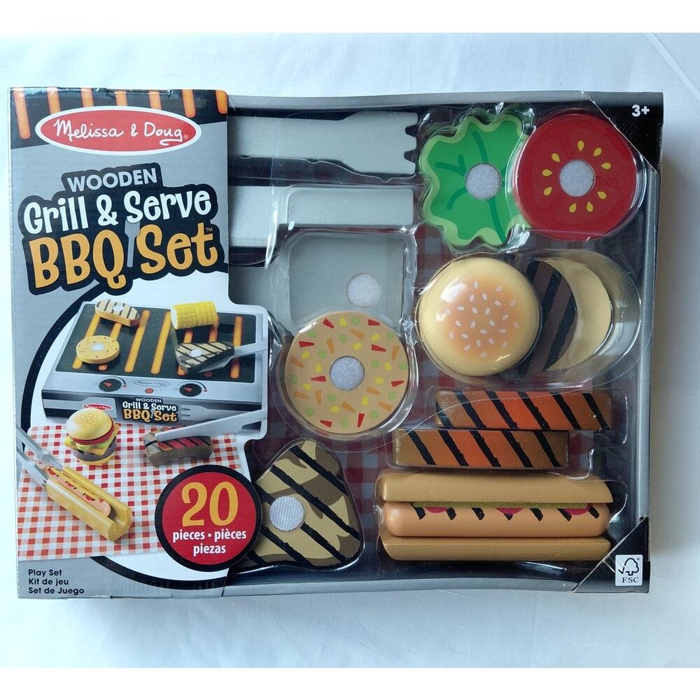 Melissa & Doug Grill and Serve BBQ Set with Pretend Play Toy Food  NWT